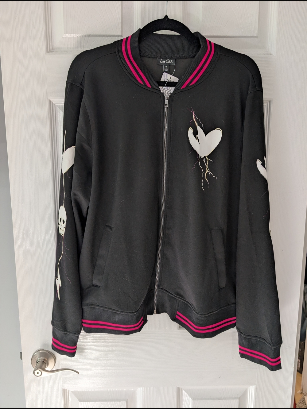NWT Torrid LoveSick Black Bomber Jacket with Pink Trim & White Graphics Size 2